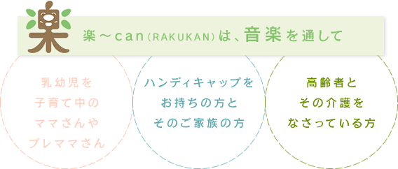 楽〜can（RAKUKAN）は、音楽を通して 乳幼児を子育て中のママさん ハンディキャップをお持ちの方とそのご家族の方 高齢者とその介護をなさっている方